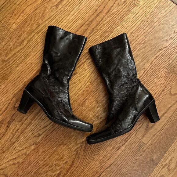 La Canadienne Womens 7 Boots Black Patent Leather 19168 Zip Mid Calf Square Toe - Picture 1 of 14